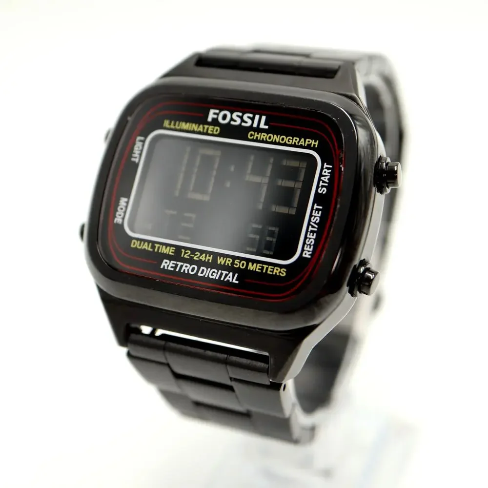Fossil Retro Digital Black Negative Display 42mm Watch Steel FS5845 New Battery